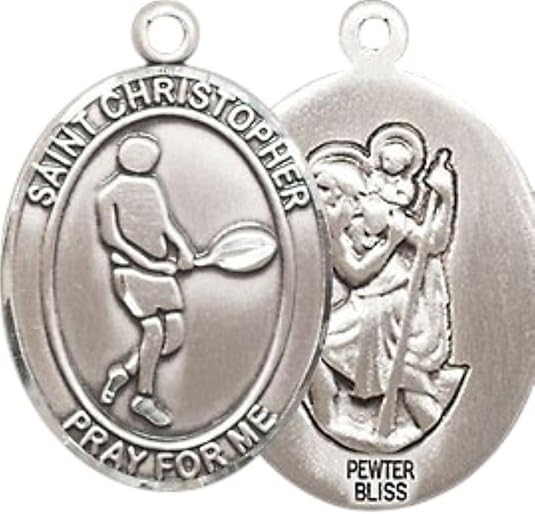 Medium Men's Pewter Saint Christopher Tennis Medal Pendant on 24 Inch Endless Rhodium Plated Heavy Curb Brass Chain, Catholic Religious Necklace -Made in USA- Deluxe Velvet Gift Box
