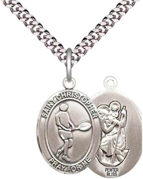 Medium Men's Pewter Saint Christopher Tennis Medal Pendant on 24 Inch Endless Rhodium Plated Heavy Curb Brass Chain, Catholic Religious Necklace -Made in USA- Deluxe Velvet Gift Box