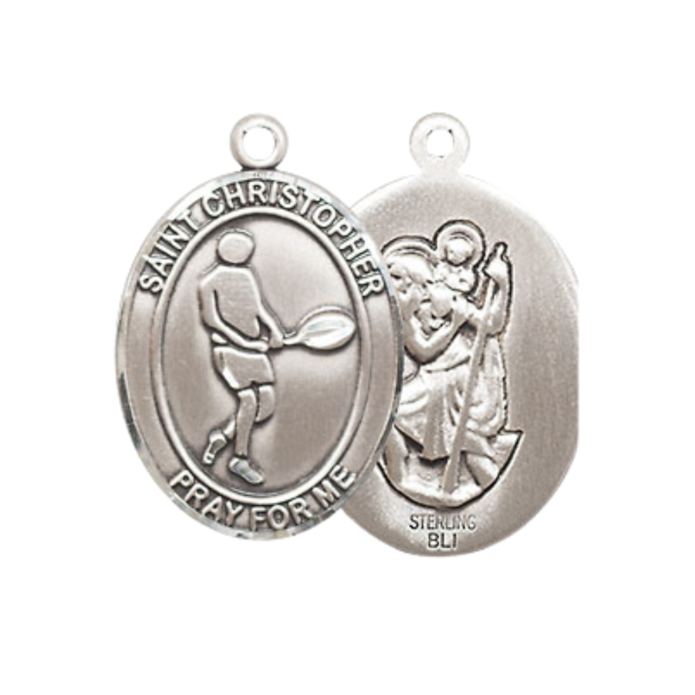 Medium Women's .925 Sterling Silver Saint St. Christopher Tennis Pendant Necklace on 18 Inch Rhodium Plated Lite Curb Brass Chain – Patron Saint St. of Travelers & Motorists, Catholic Medal – Velvet Gift Box Included
