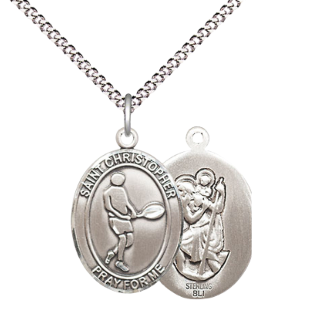 Medium Women's .925 Sterling Silver Saint St. Christopher Tennis Pendant Necklace on 18 Inch Rhodium Plated Lite Curb Brass Chain – Patron Saint St. of Travelers & Motorists, Catholic Medal – Velvet Gift Box Included