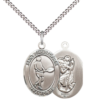 Medium Women's .925 Sterling Silver Saint St. Christopher Tennis Pendant Necklace on 18 Inch Rhodium Plated Lite Curb Brass Chain – Patron Saint St. of Travelers & Motorists, Catholic Medal – Velvet Gift Box Included