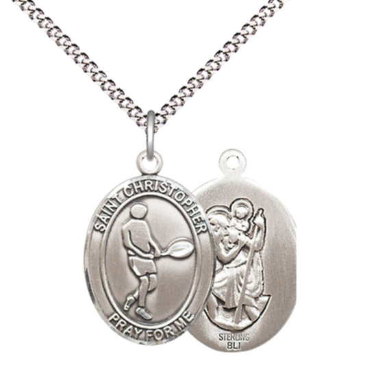 Medium Women's .925 Sterling Silver Saint St. Christopher Tennis Pendant Necklace on 18 Inch Rhodium Plated Lite Curb Brass Chain – Patron Saint St. of Travelers & Motorists, Catholic Medal – Velvet Gift Box Included