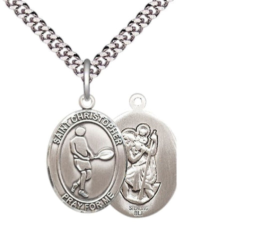 Medium Men's .925 Sterling Silver Saint St. Christopher Tennis Medal Pendant on 24 Inch Endless Rhodium Plated Heavy Curb Brass Chain, Catholic Religious Necklace - Made in USA- Deluxe Velvet Gift Box