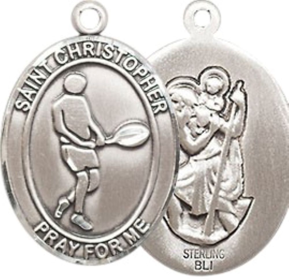 Medium Men's .925 Sterling Silver Saint St. Christopher Tennis Medal Pendant on 24 Inch Endless Rhodium Plated Heavy Curb Brass Chain, Catholic Religious Necklace - Made in USA- Deluxe Velvet Gift Box