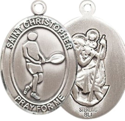 Medium Men's .925 Sterling Silver Saint St. Christopher Tennis Medal Pendant on 24 Inch Endless Rhodium Plated Heavy Curb Brass Chain, Catholic Religious Necklace - Made in USA- Deluxe Velvet Gift Box