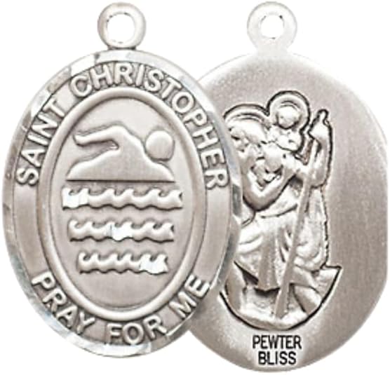 Everlasting Light Jewelry Medium Women's Pewter Saint St. Christopher Swimming Pendant Necklace on 18- inch Rhodium- Plated Lite Curb Brass Chain – Patron Saint St. of Athletes & Travelers, Catholic Medal – Velvet Gift Box Included