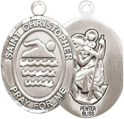 Everlasting Light Jewelry Medium Women's Pewter Saint St. Christopher Swimming Pendant Necklace on 18- inch Rhodium- Plated Lite Curb Brass Chain – Patron Saint St. of Athletes & Travelers, Catholic Medal – Velvet Gift Box Included