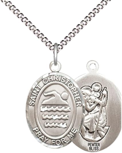 Everlasting Light Jewelry Medium Women's Pewter Saint St. Christopher Swimming Pendant Necklace on 18- inch Rhodium- Plated Lite Curb Brass Chain – Patron Saint St. of Athletes & Travelers, Catholic Medal – Velvet Gift Box Included