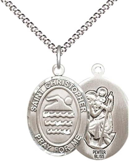 Everlasting Light Jewelry Medium Women's Pewter Saint St. Christopher Swimming Pendant Necklace on 18- inch Rhodium- Plated Lite Curb Brass Chain – Patron Saint St. of Athletes & Travelers, Catholic Medal – Velvet Gift Box Included