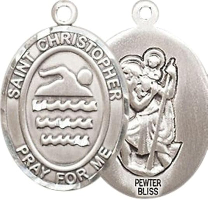 Medium Men's Pewter Saint St. Christopher Swimming Medal Pendant on 24 Inch Endless Rhodium Plated Heavy Curb Brass Chain, Catholic Religious Necklace - Made in USA- Deluxe Velvet Gift Box