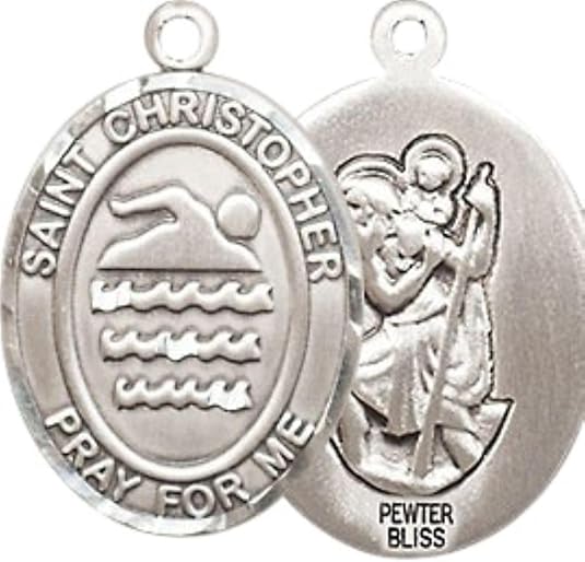 Medium Men's Pewter Saint St. Christopher Swimming Medal Pendant on 24 Inch Endless Rhodium Plated Heavy Curb Brass Chain, Catholic Religious Necklace - Made in USA- Deluxe Velvet Gift Box