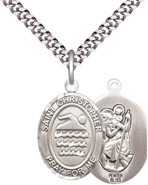 Medium Men's Pewter Saint St. Christopher Swimming Medal Pendant on 24 Inch Endless Rhodium Plated Heavy Curb Brass Chain, Catholic Religious Necklace - Made in USA- Deluxe Velvet Gift Box