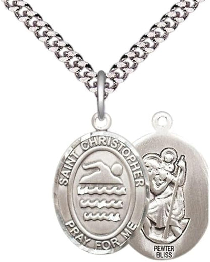 Medium Men's Pewter Saint St. Christopher Swimming Medal Pendant on 24 Inch Endless Rhodium Plated Heavy Curb Brass Chain, Catholic Religious Necklace - Made in USA- Deluxe Velvet Gift Box