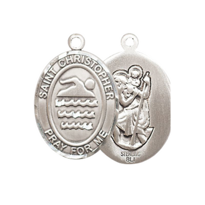 Medium Women's .925 Sterling Silver Saint St. Christopher Swimming Pendant Necklace on 18 Inch Rhodium Plated Lite Curb Brass Chain – Patron Saint St. of Travelers & Motorists, Catholic Medal – Velvet Gift Box Included