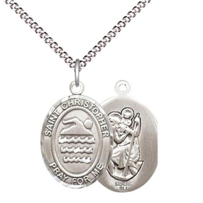 Medium Women's .925 Sterling Silver Saint St. Christopher Swimming Pendant Necklace on 18 Inch Rhodium Plated Lite Curb Brass Chain – Patron Saint St. of Travelers & Motorists, Catholic Medal – Velvet Gift Box Included