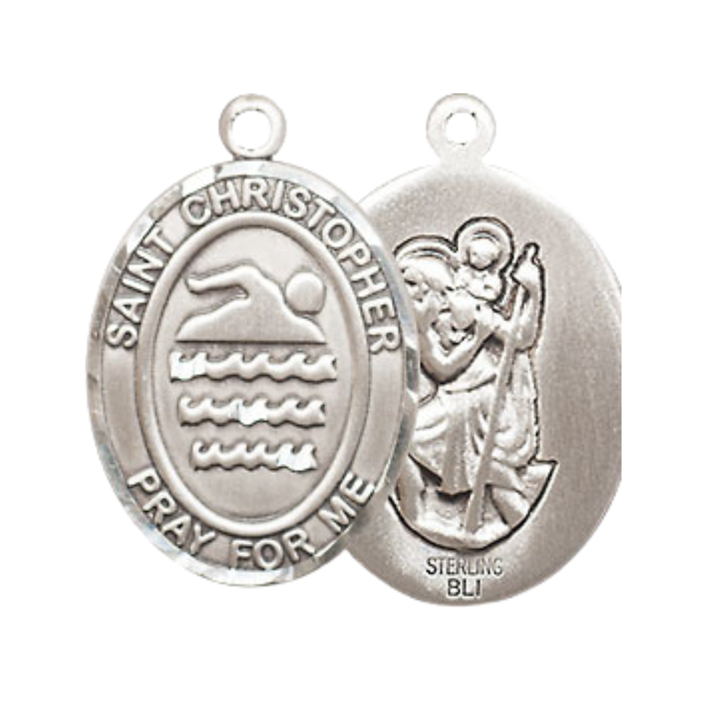 Medium Men's .925 Sterling Silver Saint St. Christopher Swimming Medal Pendant on 24 Inch Endless Rhodium Plated Heavy Curb Brass Chain, Catholic Religious Necklace - Made in USA- Deluxe Velvet Gift Box