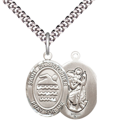 Medium Mens Oval Sterling Silver Saint Christopher Swimming Medal Pendant on 24" Rhodium Plated Heavy Curb Brass Chain w/ Lobster Claw Clasp,Catholic Religious Necklace -Made in USA- Gift Boxed