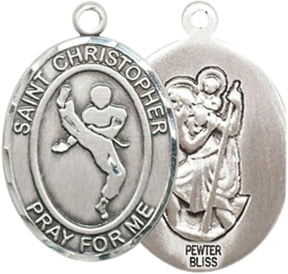 Everlasting Light Jewelry Medium Women's Pewter Saint St. Christopher Martial Arts Pendant Necklace on 18- inch Rhodium- Plated Lite Curb Brass Chain, Catholic Medal - Patron Saint. of Athletes & Travelers – Gift Box