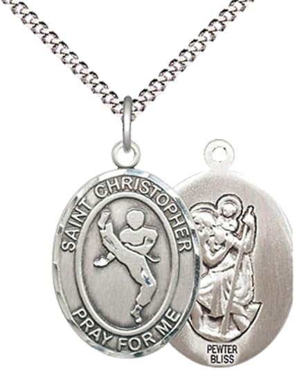 Everlasting Light Jewelry Medium Women's Pewter Saint St. Christopher Martial Arts Pendant Necklace on 18- inch Rhodium- Plated Lite Curb Brass Chain, Catholic Medal - Patron Saint. of Athletes & Travelers – Gift Box