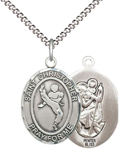 Everlasting Light Jewelry Medium Women's Pewter Saint St. Christopher Martial Arts Pendant Necklace on 18- inch Rhodium- Plated Lite Curb Brass Chain, Catholic Medal - Patron Saint. of Athletes & Travelers – Gift Box