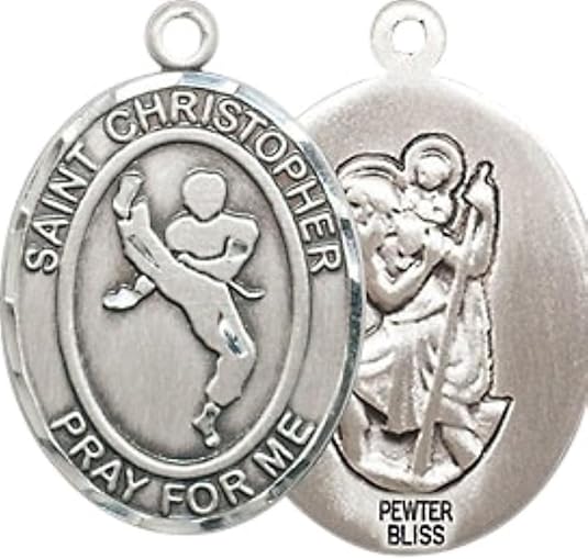Medium Men's Pewter Saint St. Christopher Martial Arts Medal Pendant on 24 Inch Endless Rhodium Plated Heavy Curb Brass Chain, Catholic Religious Necklace - Made in USA- Deluxe Velvet Gift Box