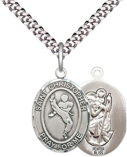 Medium Mens Oval Pewter Saint St. Christopher Martial Arts Medal Pendant on 24 Inch Rhodium Plated Heavy Curb Brass Chain w/ Lobster Claw Clasp, Catholic Religious Necklace - Made in USA- Velvet Gift Box
