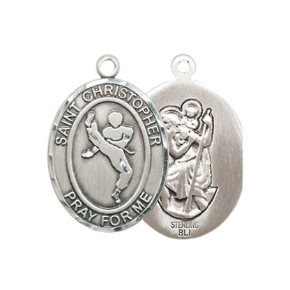 Medium Women's .925 Sterling Silver Saint St. Christopher Martial Arts Pendant Necklace on 18 Inch Rhodium Plated Lite Curb Brass Chain – Patron Saint St. of Travelers & Motorists, Catholic Medal – Velvet Gift Box Included