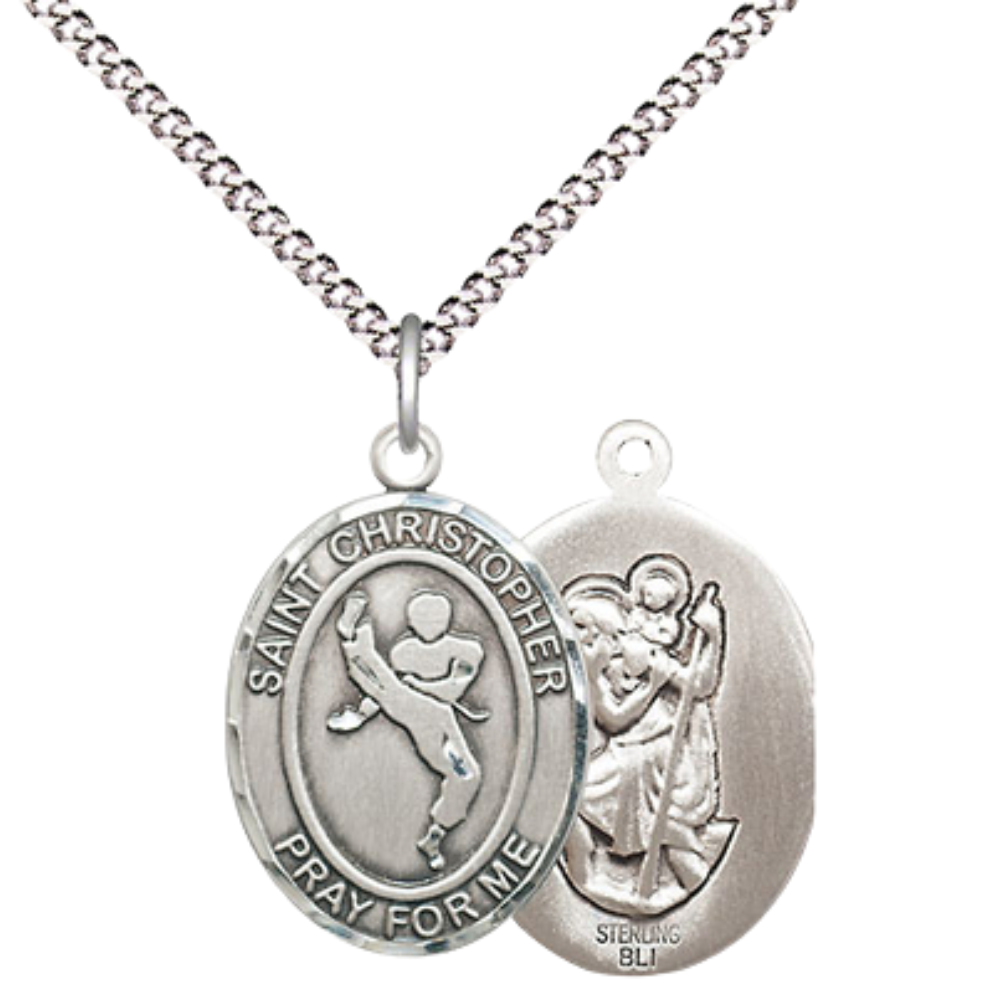 Medium Women's .925 Sterling Silver Saint St. Christopher Martial Arts Pendant Necklace on 18 Inch Rhodium Plated Lite Curb Brass Chain – Patron Saint St. of Travelers & Motorists, Catholic Medal – Velvet Gift Box Included