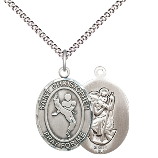 Medium Women's .925 Sterling Silver Saint St. Christopher Martial Arts Pendant Necklace on 18 Inch Rhodium Plated Lite Curb Brass Chain – Patron Saint St. of Travelers & Motorists, Catholic Medal – Velvet Gift Box Included