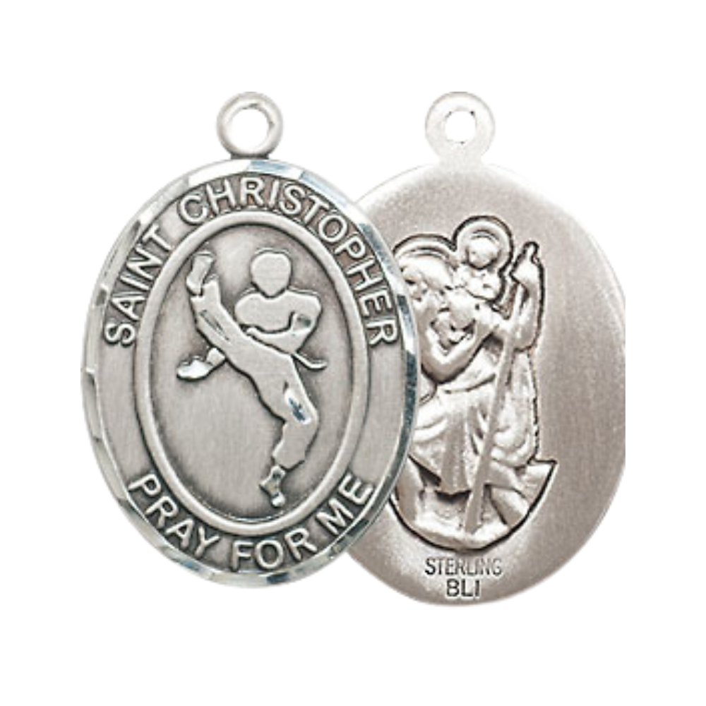 Medium Mens .925 Sterling Silver Saint St. Christopher Martial Arts Medal Pendant on 24 Inch Rhodium Plated Heavy Curb Brass Chain w/ Lobster Claw Clasp, Catholic Religious Necklace - Made in USA- Gift Boxed
