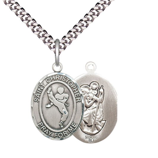 Medium Men's .925 Sterling Silver Saint St. Christopher Martial Arts Medal Pendant on 24 Inch Endless Rhodium Plated Heavy Curb Brass Chain, Catholic Religious Necklace - Made in USA- Deluxe Velvet Gift Box