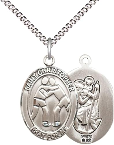 Everlasting Light Jewelry Women's Pewter Saint St. Christopher Wrestling Pendant Necklace on 18- inch Rhodium- Plated Lite Curb Brass Chain – Patron Saint St. of Athletes & Travelers, Catholic Medal – Velvet Gift Box Included