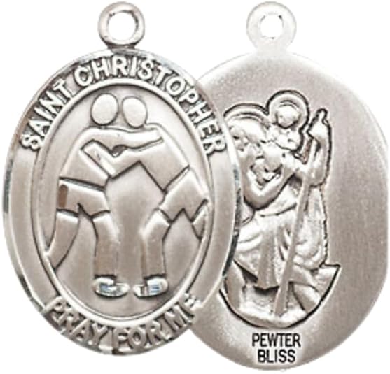 Everlasting Light Jewelry Women's Pewter Saint St. Christopher Wrestling Pendant Necklace on 18- inch Rhodium- Plated Lite Curb Brass Chain – Patron Saint St. of Athletes & Travelers, Catholic Medal – Velvet Gift Box Included