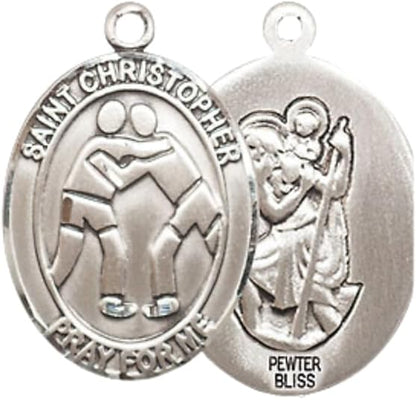Everlasting Light Jewelry Women's Pewter Saint St. Christopher Wrestling Pendant Necklace on 18- inch Rhodium- Plated Lite Curb Brass Chain – Patron Saint St. of Athletes & Travelers, Catholic Medal – Velvet Gift Box Included