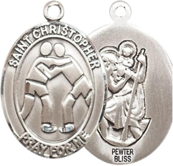 Mens Medium Oval Pewter Saint St. Christopher Wrestling Medal Pendant on 24 Inch Rhodium Plated Heavy Curb Brass Chain w/ Lobster Claw Clasp, Catholic Religious Necklace- Made in USA- Velvet Gift Box