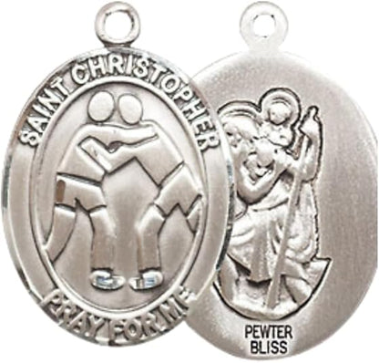 Medium Men's Pewter Saint St. Christopher Wrestling Medal Pendant on 24 Inch Endless Rhodium Plated Heavy Curb Brass Chain, Catholic Religious Necklace - Made in USA- Deluxe Velvet Gift Box