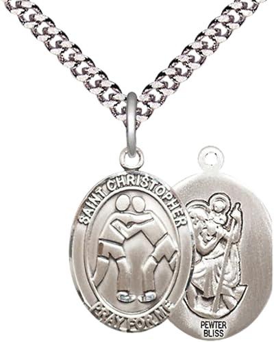 Medium Men's Pewter Saint St. Christopher Wrestling Medal Pendant on 24 Inch Endless Rhodium Plated Heavy Curb Brass Chain, Catholic Religious Necklace - Made in USA- Deluxe Velvet Gift Box