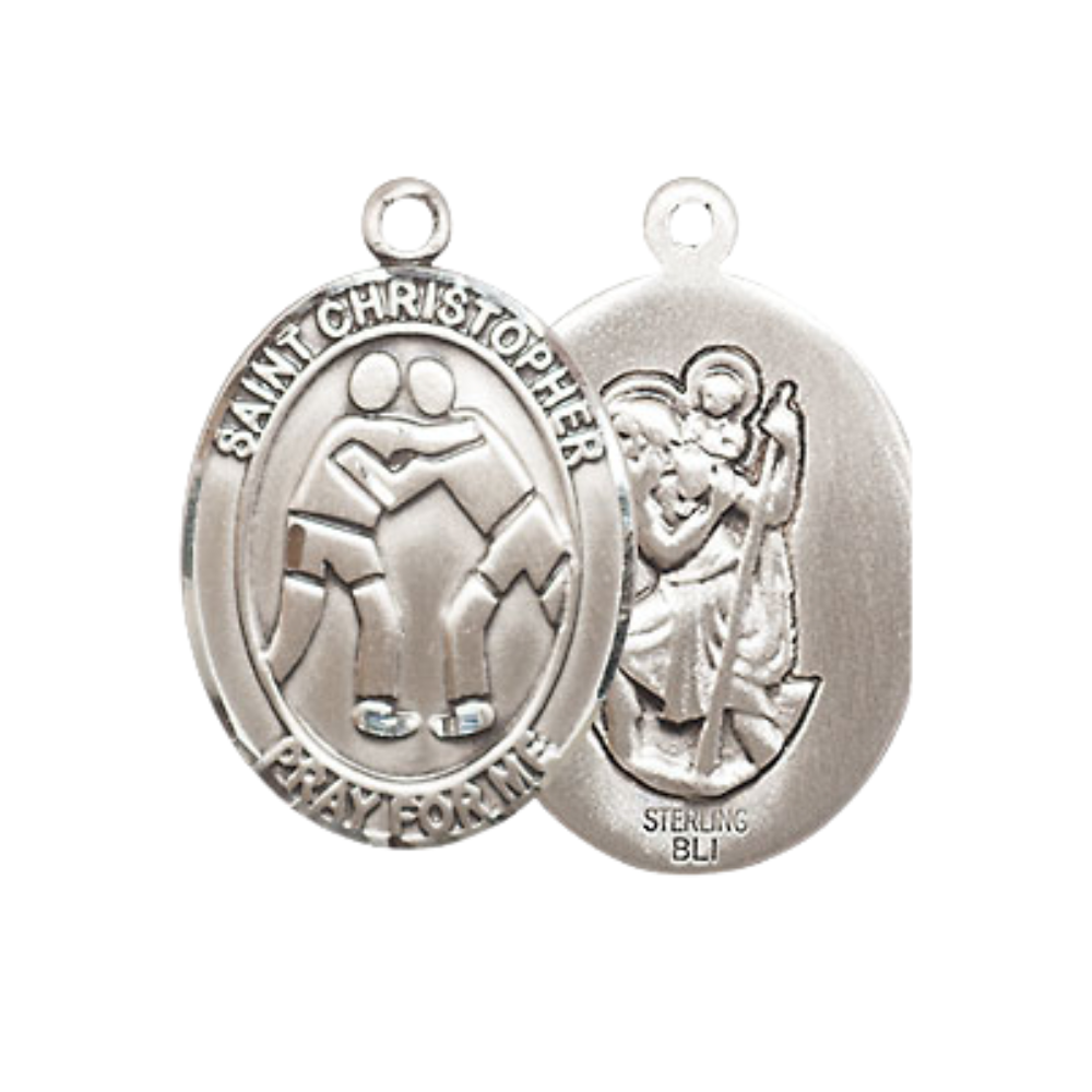 Medium Women's .925 Sterling Silver Saint St. Christopher Wrestling Pendant Necklace on 18 Inch Rhodium Plated Lite Curb Brass Chain – Patron Saint St. of Travelers & Motorists, Catholic Medal – Velvet Gift Box Included
