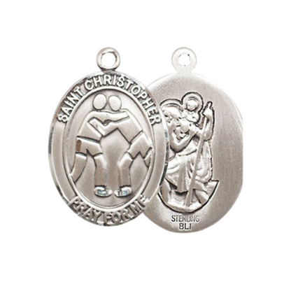 Medium Women's .925 Sterling Silver Saint St. Christopher Wrestling Pendant Necklace on 18 Inch Rhodium Plated Lite Curb Brass Chain – Patron Saint St. of Travelers & Motorists, Catholic Medal – Velvet Gift Box Included