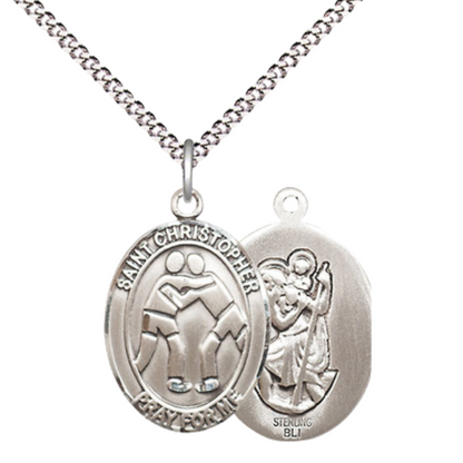 Medium Women's .925 Sterling Silver Saint St. Christopher Wrestling Pendant Necklace on 18 Inch Rhodium Plated Lite Curb Brass Chain – Patron Saint St. of Travelers & Motorists, Catholic Medal – Velvet Gift Box Included