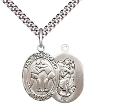 Medium Men's .925 Sterling Silver Saint St. Christopher Wrestling Medal Pendant on 24 Inch Endless Rhodium Plated Heavy Curb Brass Chain, Catholic Religious Necklace - Made in USA- Deluxe Velvet Gift Box