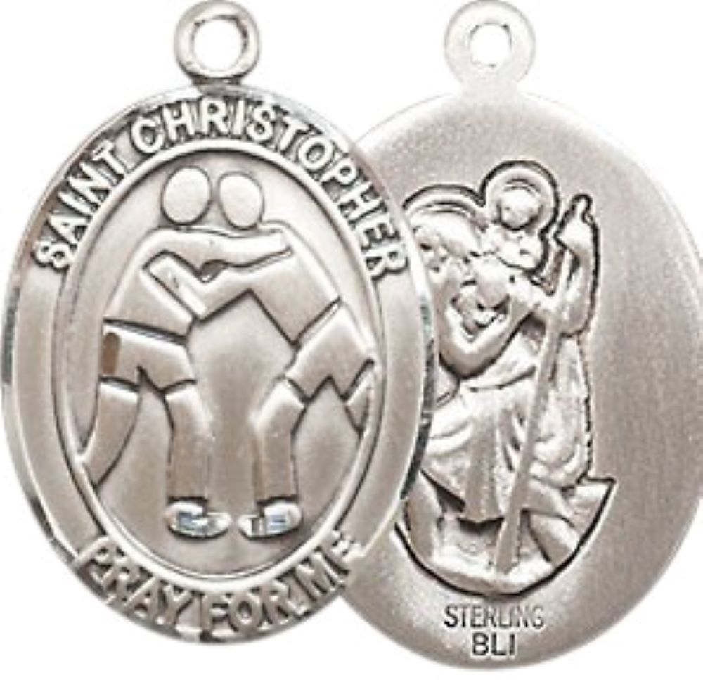 Medium Men's .925 Sterling Silver Saint St. Christopher Wrestling Medal Pendant on 24 Inch Endless Rhodium Plated Heavy Curb Brass Chain, Catholic Religious Necklace - Made in USA- Deluxe Velvet Gift Box