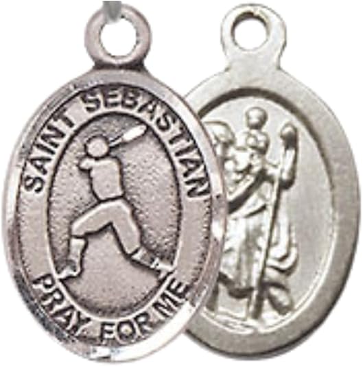 Everlasting Light Jewelry Medium Women's Pewter Saint Sebastian Baseball Pendant Necklace on 18-inch Rhodium-Plated Lite Curb Brass Chain – Patron Saint of Athletes – Velvet Gift Box Included