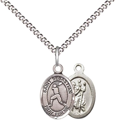 Everlasting Light Jewelry Medium Women's Pewter Saint Sebastian Baseball Pendant Necklace on 18-inch Rhodium-Plated Lite Curb Brass Chain – Patron Saint of Athletes – Velvet Gift Box Included
