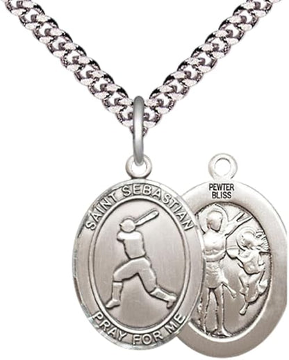 Mens Medium Oval Pewter Saint St. Sebastian Baseball Medal Pendant on 24 Inch Rhodium Plated Heavy Curb Brass Chain w/ Lobster Claw Clasp, Catholic Religious Necklace - Made in USA- Velvet Gift Box