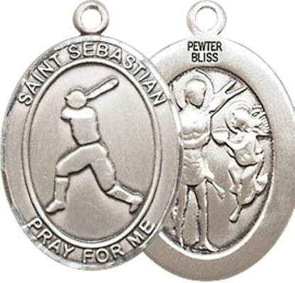 Medium Men's Pewter Saint St. Sebastian Baseball Medal Pendant on 24 Inch Endless Rhodium Plated Heavy Curb Brass Chain, Catholic Religious Necklace - Made in USA- Deluxe Velvet Gift Box