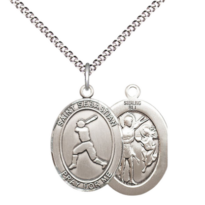 Medium Women's .925 Sterling Silver Saint St. Sebastian Baseball Pendant Necklace on 18 Inch Rhodium Plated Lite Curb Brass Chain – Patron Saint St. of Athletes & Soldiers, Catholic Medal – Velvet Gift Box Included