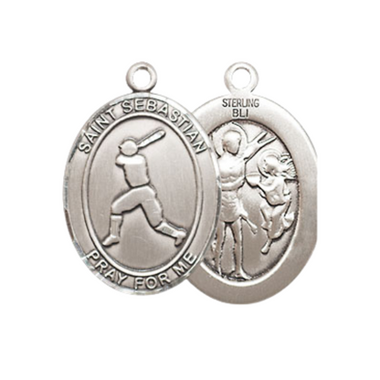 Medium Women's .925 Sterling Silver Saint St. Sebastian Baseball Pendant Necklace on 18 Inch Rhodium Plated Lite Curb Brass Chain – Patron Saint St. of Athletes & Soldiers, Catholic Medal – Velvet Gift Box Included