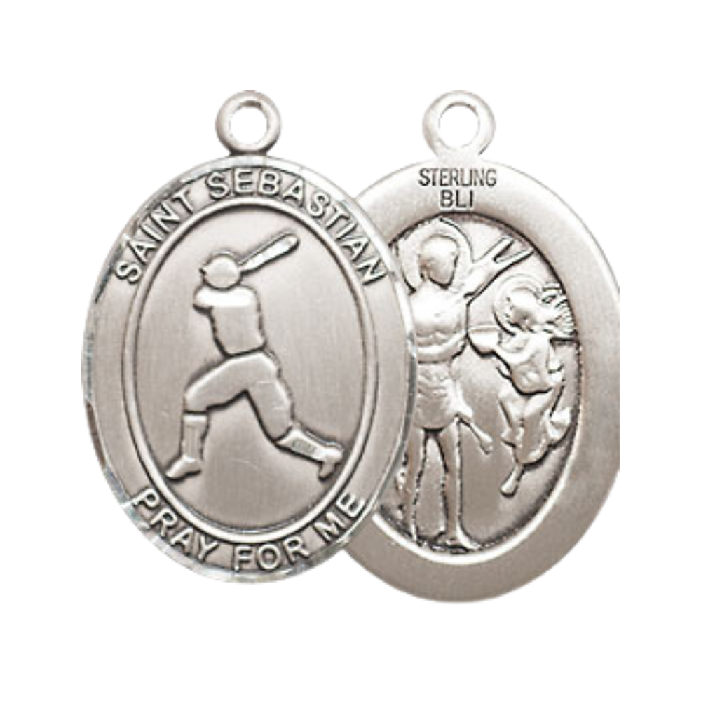 Medium Mens Oval .925 Sterling Silver Saint St. Sebastian Baseball Medal Pendant on 24 Inch Rhodium Plated Heavy Curb Brass Chain w/ Lobster Claw Clasp, Catholic Religious Necklace- Made in USA- Velvet Gift Box