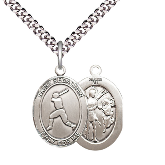 Medium Mens Oval .925 Sterling Silver Saint St. Sebastian Baseball Medal Pendant on 24 Inch Rhodium Plated Heavy Curb Brass Chain w/ Lobster Claw Clasp, Catholic Religious Necklace- Made in USA- Velvet Gift Box